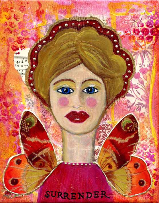 a painting of an angel with a red dress and her angel wings are butterfly wings and gold dots for a crown in her hair and her dress says "Surrender" on it.